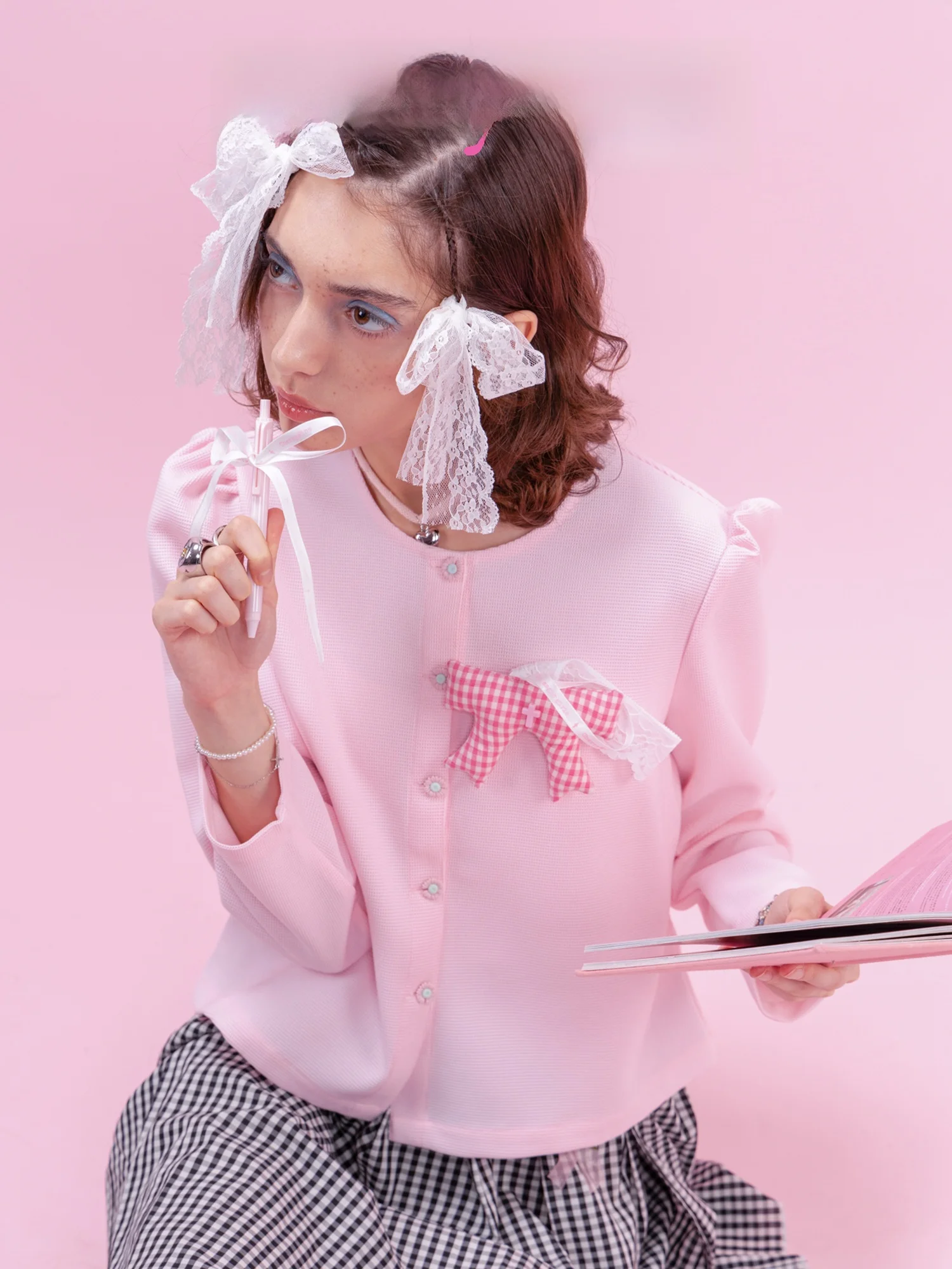 

Пальто Cherrywine Marguerite Loose Long Sve Baby Pink Gingham, оригинальный дизайн, из полиэфирного волокна, женская весенняя верхняя одежда