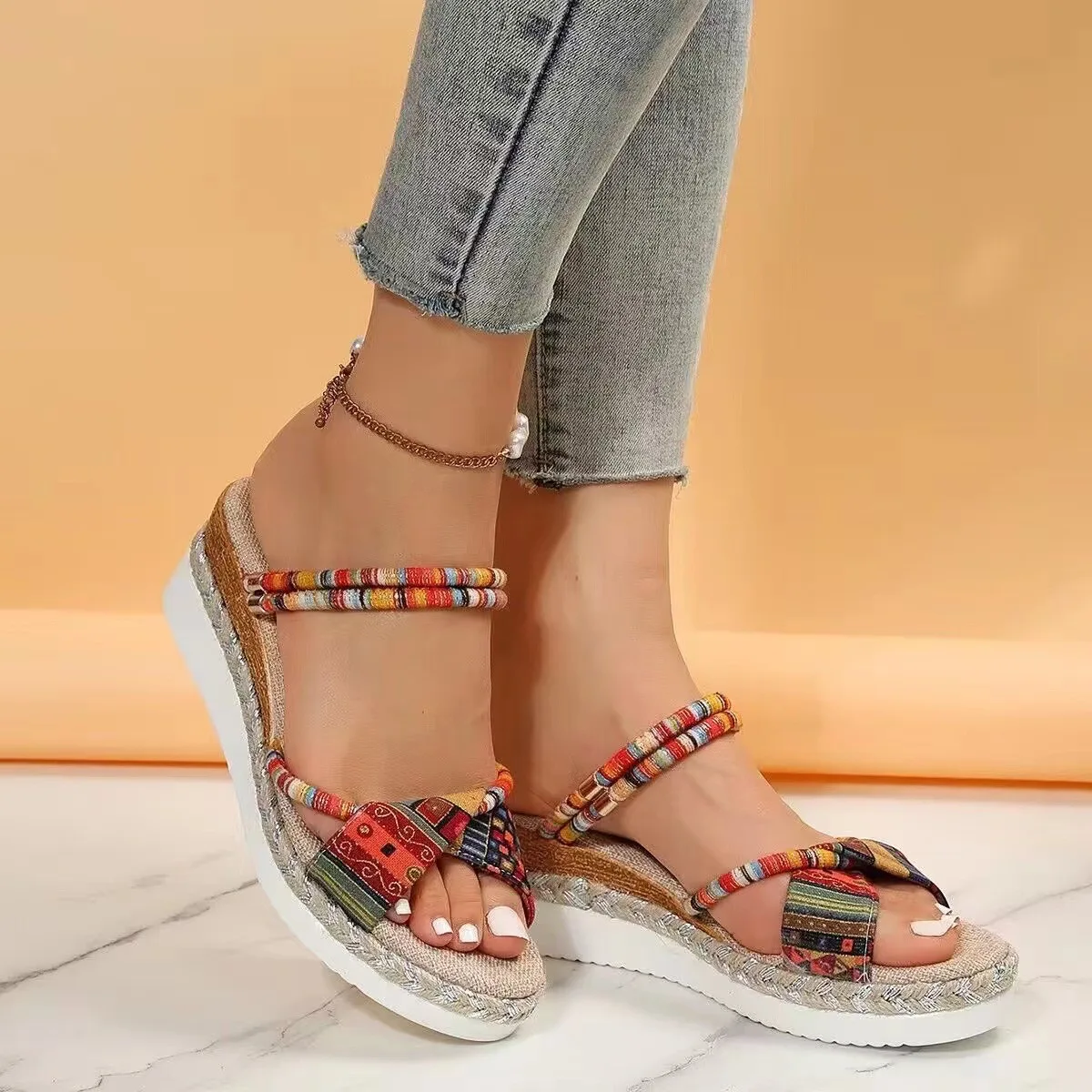 Round Toe Women Slippers Platform Sandalias De Mujer Verano Wedges Mid Heels Ethnic Zapatos Para Colorful Huaraches Cloth Fabric