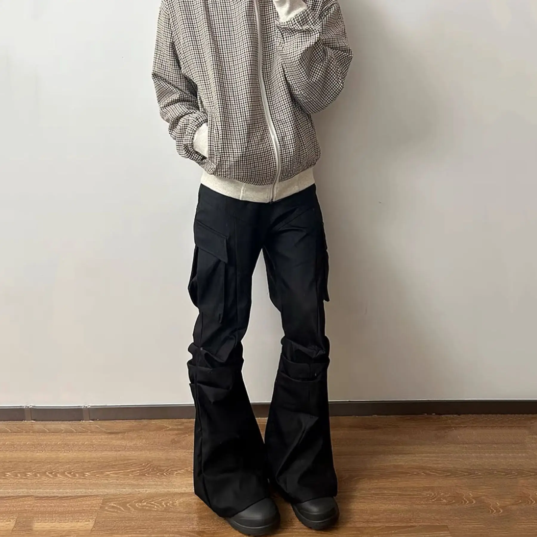 Men's Folded Design Large Pockets Micro Horn Pants Street Summer Sweatpants Thin Boy Bottoms Male Wide Leg Bell-bottom Trousers