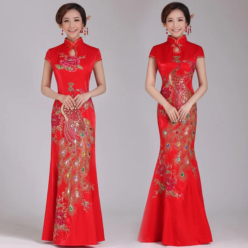 capodanno cinese vestiti delle donne abito lungo rosso cinese coda di sirena abito da sposa festa cheongsam qipao sposa plus size intrattenimento musiche e canzoni
