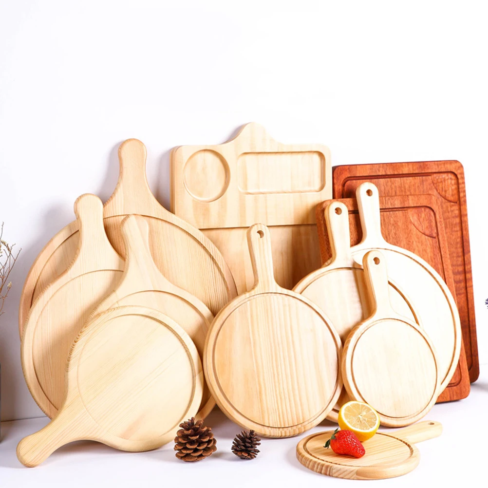 Tabla de Pizza de madera redonda con bandeja para Pizza manual, bandeja para hornear, tabla para cortar piedra para Pizza, plato para Pizza, utensilios para hornear pasteles de bambú (12 pulgadas,