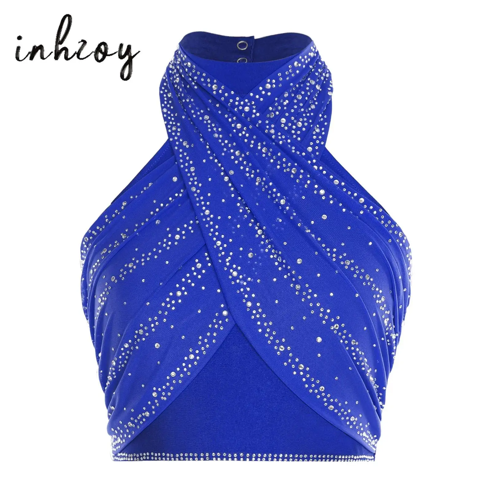 Top de baile latino Salsa Cha-Cha para mujer, Top corto sin mangas con tirantes y espalda descubierta con diamantes de imitación, Tops cortos con superposición de malla fruncida en la parte delantera