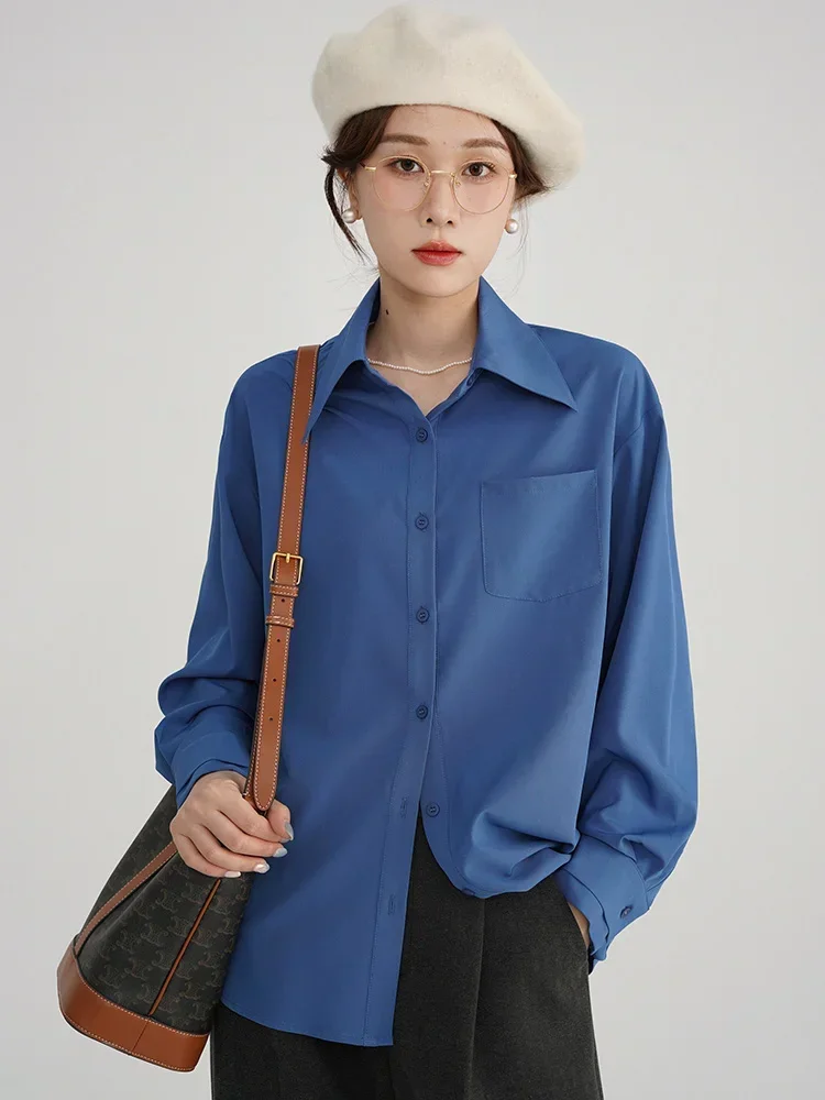 

Solid Color Versatile Long Sleeve Blouse for Women, Spring Autumn New Petite Friendly Turn-down Collar Loose Slim Fit Top