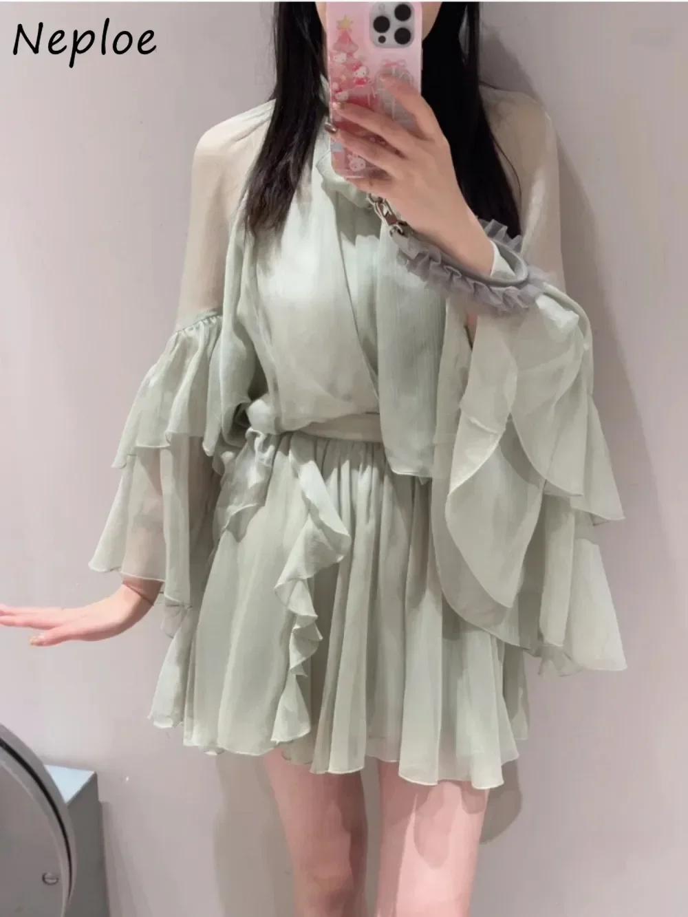 

Neploe Chiffon Stand Collar Casual Butterfly Sleeve Dress Celebrity Elegant Pure Desire Vestidos Japan Slim Waist Ruffles Robe