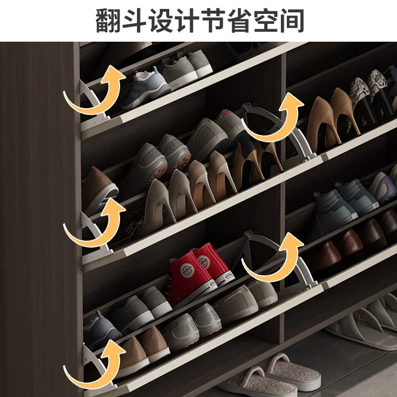 Ultra-thin tipping bucket shoe cabinet, modern interior, integrated shoe rack with stool against the wall and entrance