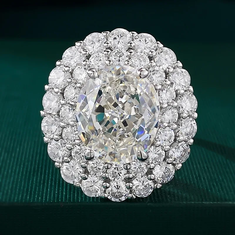 

S925 Серебряное кольцо с высокоуглеродистым бриллиантом 10*12 мм Ледяной цветок вырезанный роскошный набор с полностью алмазным кольцом