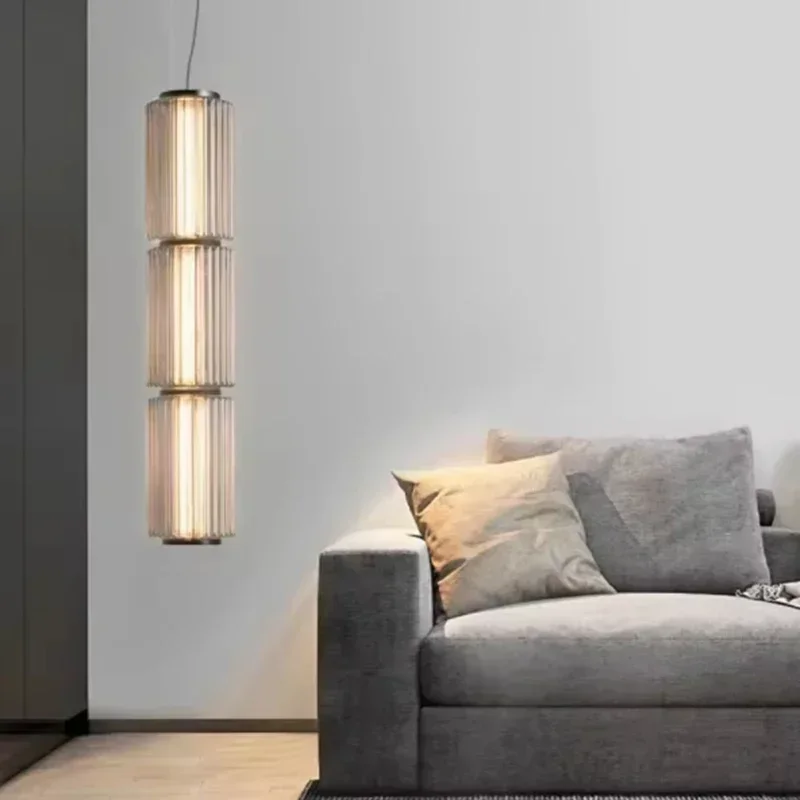 

Restaurant long striped chandelier smoke gray glass lampshade Nordic LED chandelier living room restaurant decoration