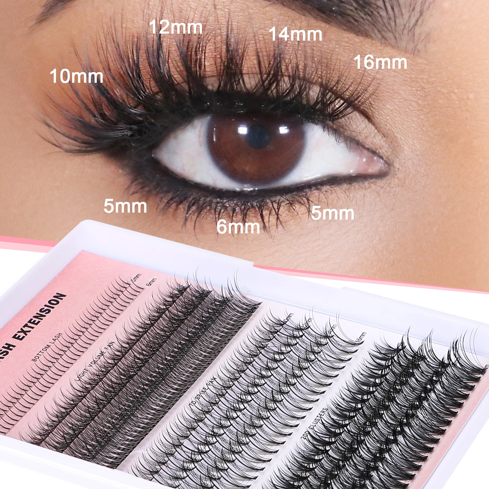 Extensões individuais de cílios postiços, 7D Spike Fans, 20D Cluster, DIY cílios, 5-16mm Bottom Lash, maquiagem para profissionais, 320pcs