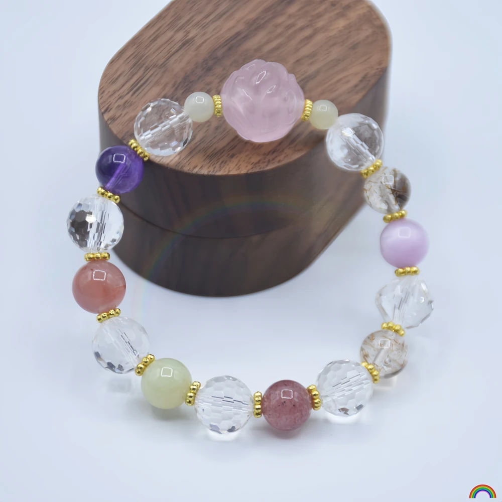 Natural multi-treasure crystal nine-tailed fox bracelet, super seven crystal, spodumene, red agate, jade bracelet for women, Rwb