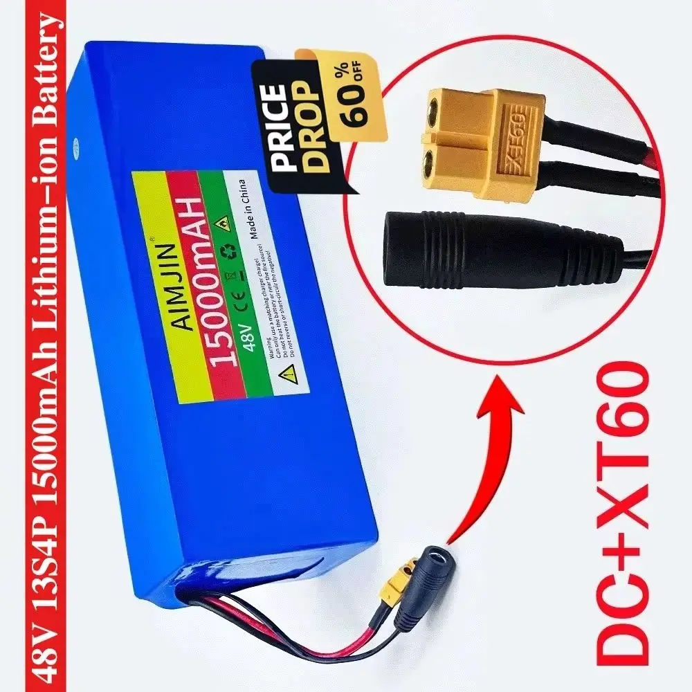 48V 13S4P 15000mAh Lithium-ion Battery Pack, 54.6V Charger, with BMS, Suitable for Electric Scooter Bicycle
