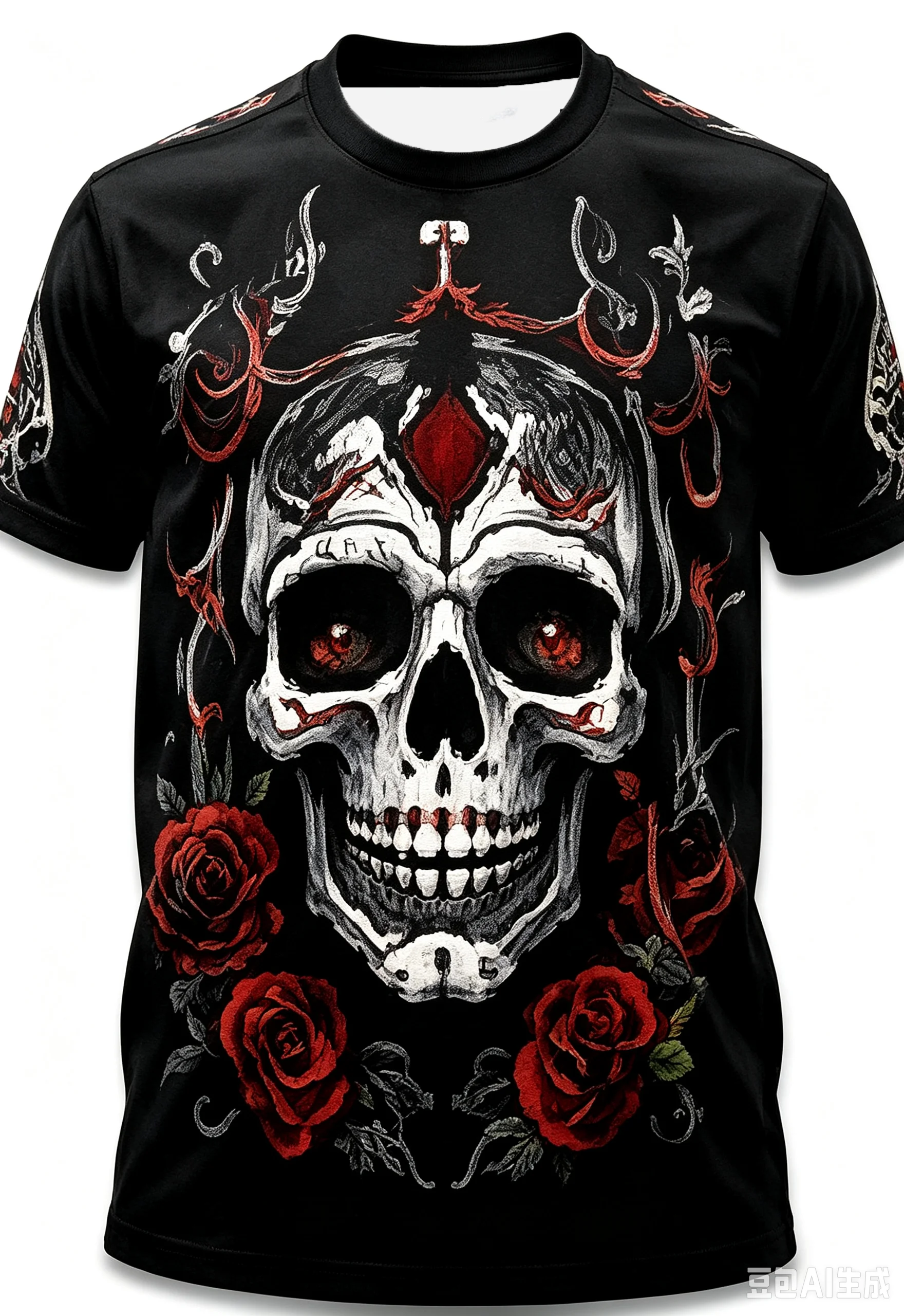 GOTHIC RED ROSE SKULL T-SHIRT DARK TATTOO STYLE MATCHING PARENT-CHILD STYLE DARK ROSE VINES AND SKULL PATTERN DAY OF THE DEAD
