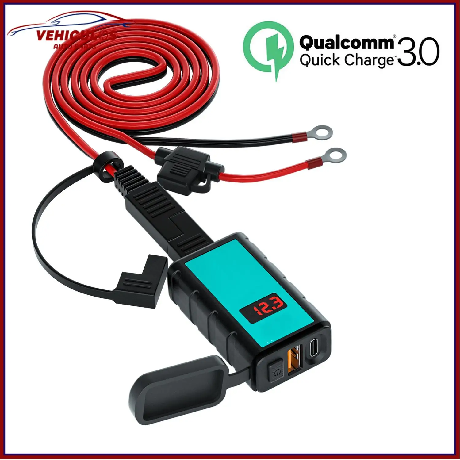 

Square Fast Charging Single USB Type-C Charger With Voltmeter Integrated SAE Socket For 12V Car Motorcycle ATV RV SUV Boat Yacht