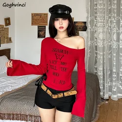Long Sleeve Sexy Tshirts Women Letter Printed Female Crop Tops Hip Hop Y2K Autumn Girls Slim Tees Slash Neck Lace-up Streetwear