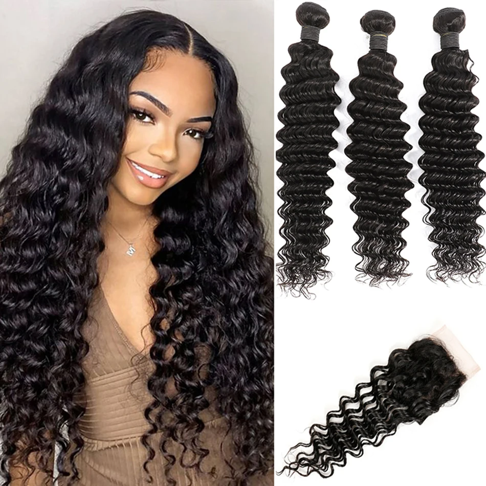 DreamDiana-Brazilian Deep Wave Pacotes de cabelo humano com fecho, Pacotes encaracolados, 3 Pacotes, 3 Pacotes, 12A