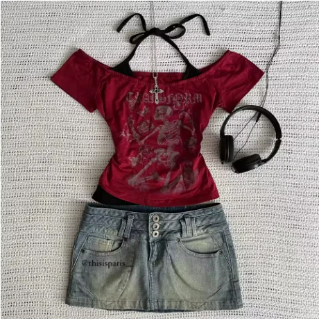 الألفية 2000s Y2k المحاصيل الجمالية الحلو ومثير سترة المرأة بلا أكمام عادية أنيمي مطبوعة سترة Harajuku الأحمر الزي الكامل Em #3