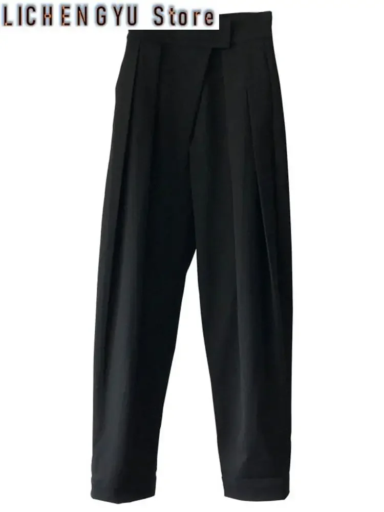 High Waist Black Pleated Long Asymmetric Wide Leg Pants New Loose Fit Trousers Women Fashion Spring Autumn