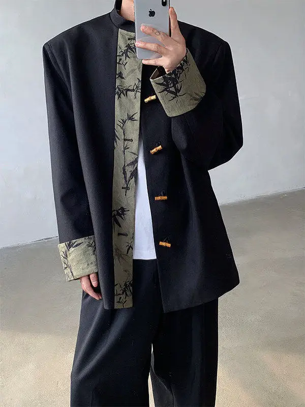 

Мужской модный пиджак с принтом бамбукового листа и воротником-стойкой, дизайн с цветовыми блоками, повседневная одежда, полиэстер, длинный рукав, весна 2025