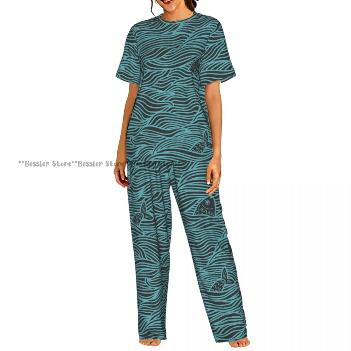 

Women's Sea Fish Wave Blue Pattern short sleeve trousers casual pajamas set