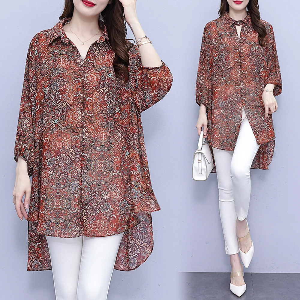 NYFS 2023 Summer New Office Lady Woman Tops Loose All-Match Chiffon Print Short Sleeve Shirt