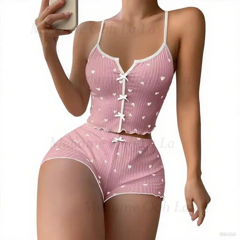 Sexy Heart Print Pajama Set for Women Sleepwear Silk Stain V-Neck Sleeveless Casual Cami Top and Shorts Sets Loungewear view 3