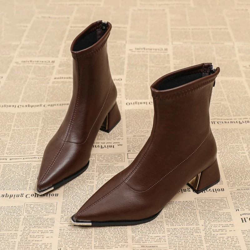 Square Heel Women Ankle Boots Elegant Metal Pointed Toe Soft Leather Shoes Street Style Modern Slim Short Botas Para Mujer