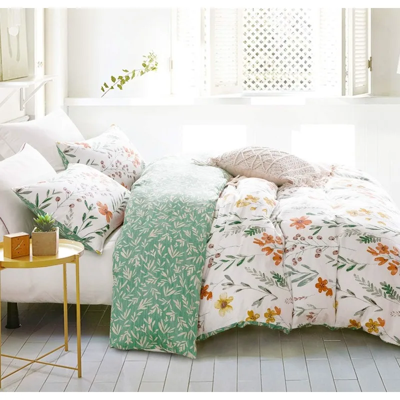 Duvet Cover, Pure Cotton 3-piece Bedding Set, Yellow Flowers and Green Branches Printed on The White Reversible Comforter Cover