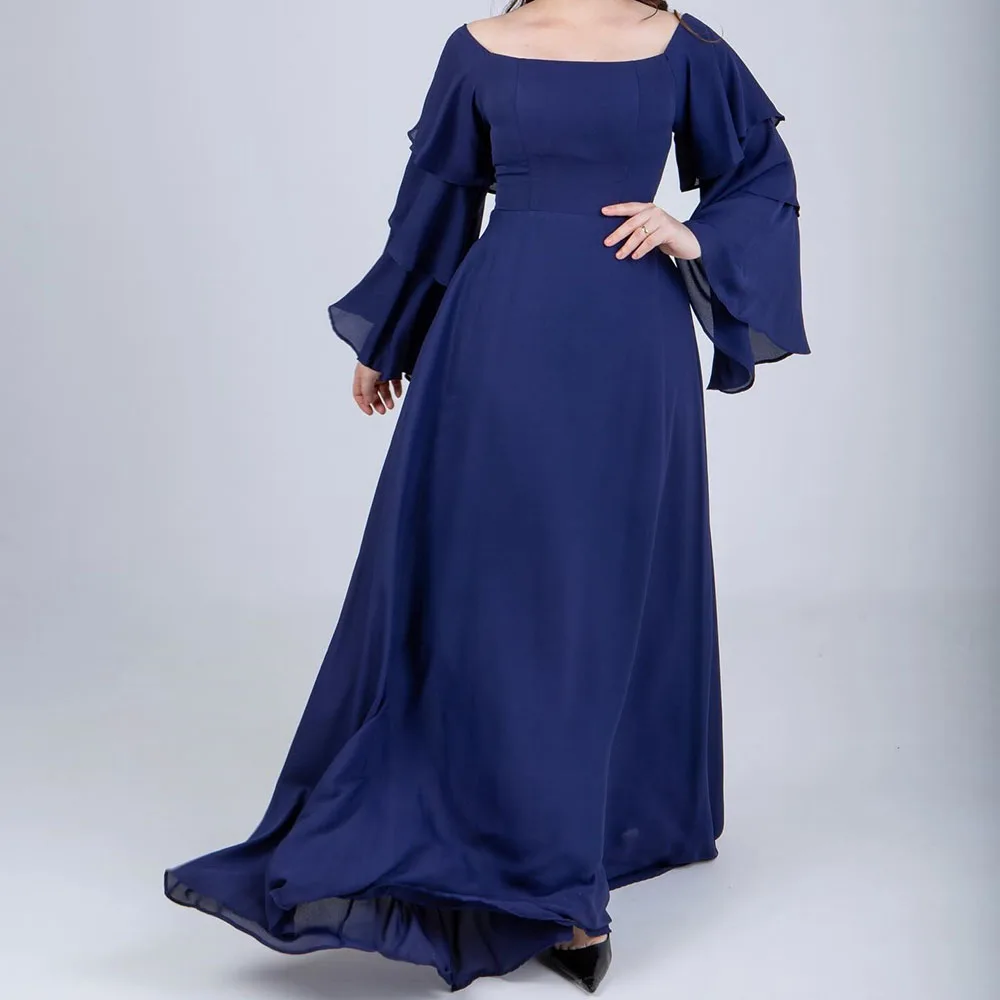 

Customized A-Line Prom Dresses Floor-Length Square Collar Full Sleeve Evening Gown Simple Fashion Tiered Draped Party Gown