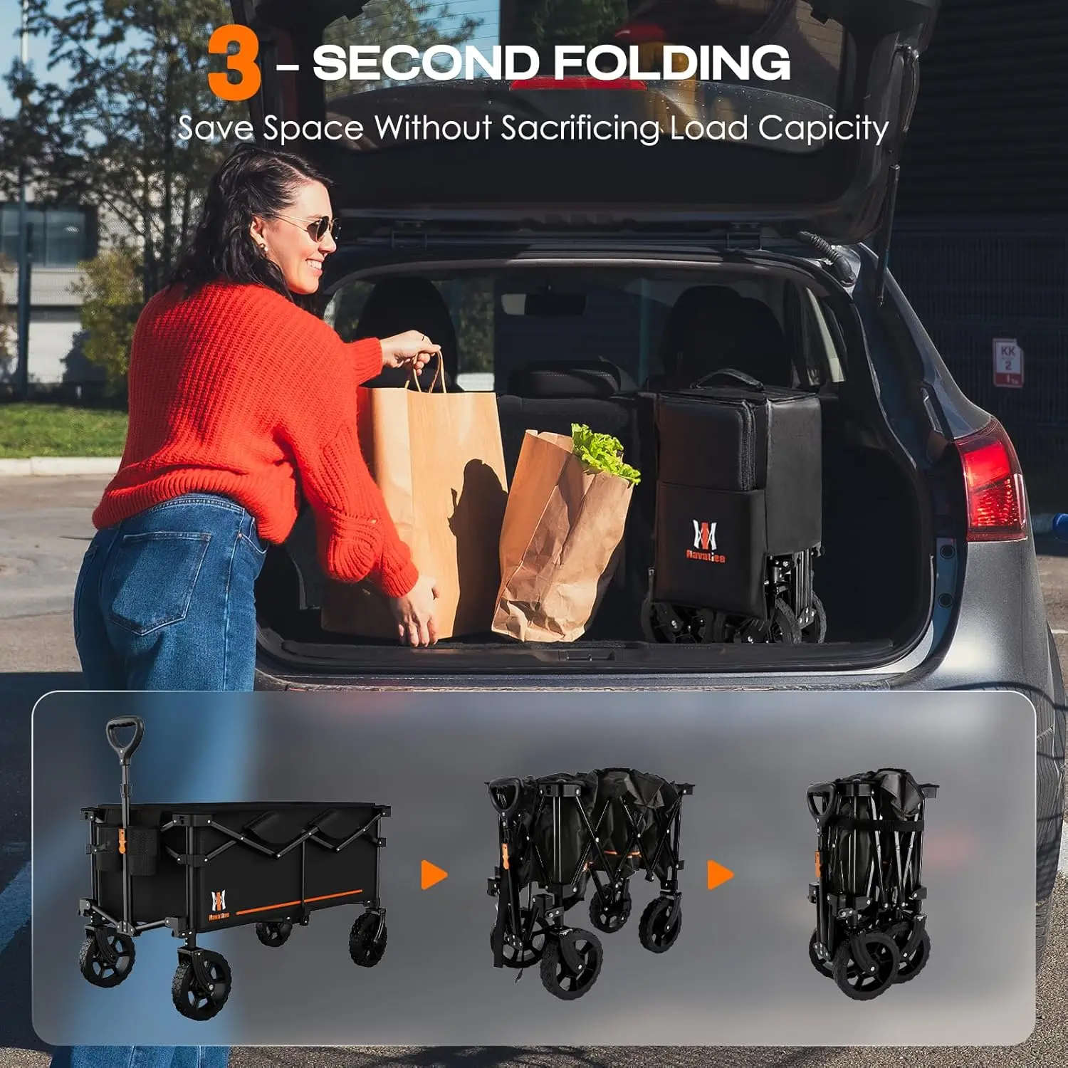 Black Collapsible Folding Wagon for Camping, Shopping & Outdoor Use, 140L Capacity, Silent All-Terrain Wheels