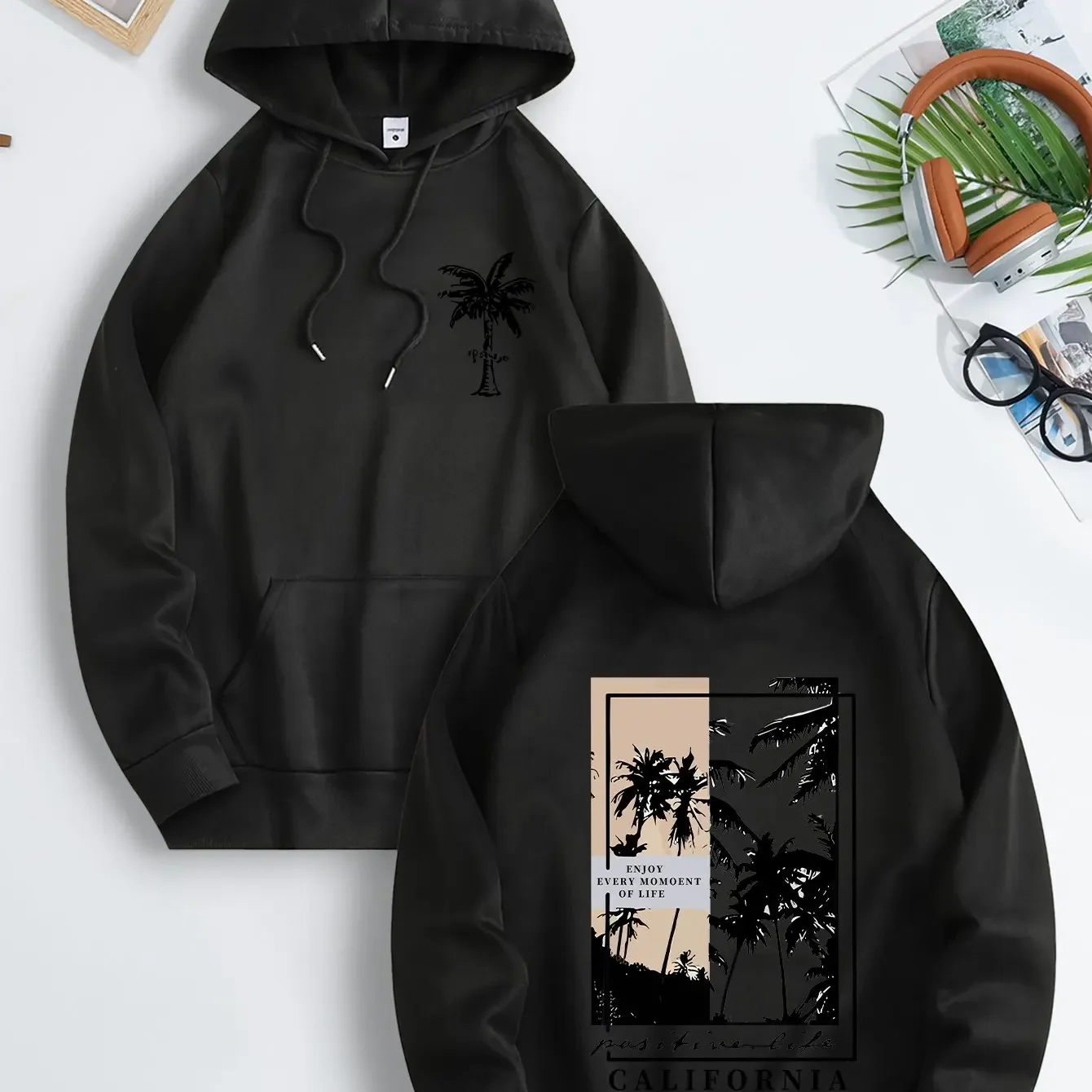 Vintage California Palm Tree Print Hoodie Men Double Sided Tropical Beach Style Loose Long Sleeve Pullover