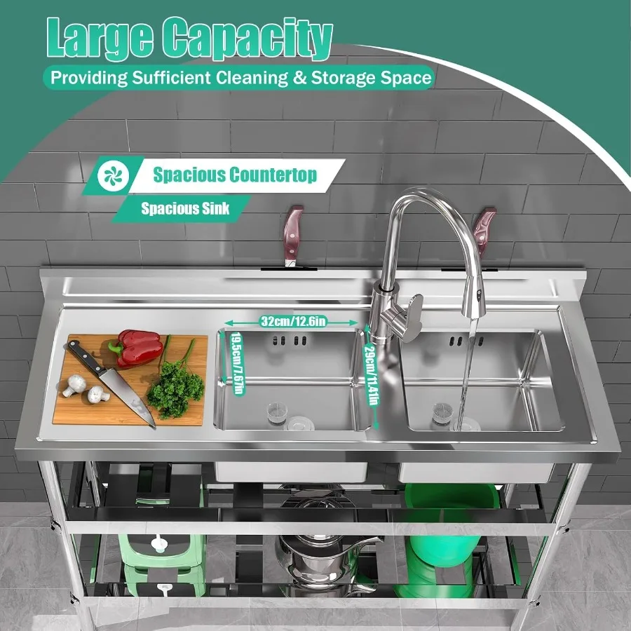 حوض المطبخ التجاري قائم بذاته 2 حجرة الفولاذ المقاوم للصدأ الإعدادية فائدة بالوعة 201 الفولاذ المقاوم للصدأ المطبخ قائما بذاته #4