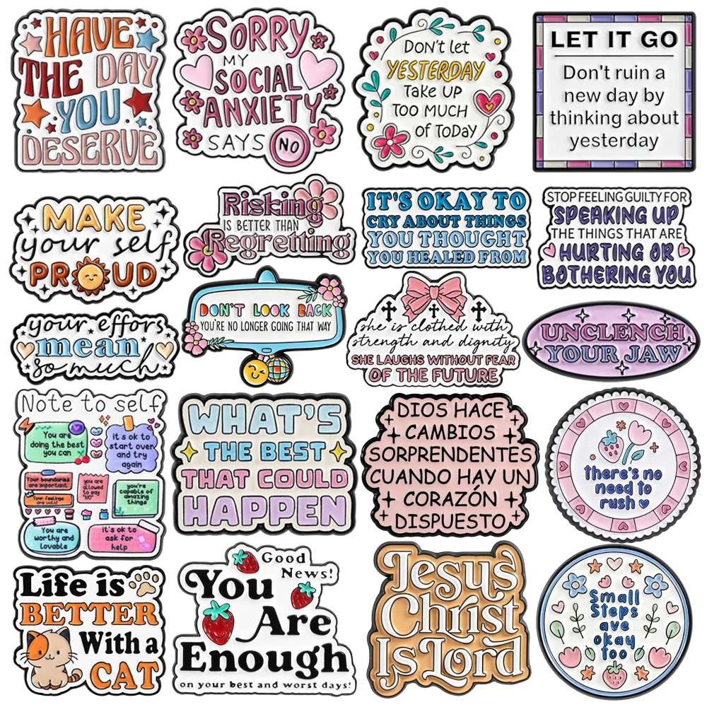 

Creative Letter Enamel Brooch Lapel Pin You Are Enough Life Is Better With Cat Let It Go Cartoon Text Metal Badge Jewelry Gift