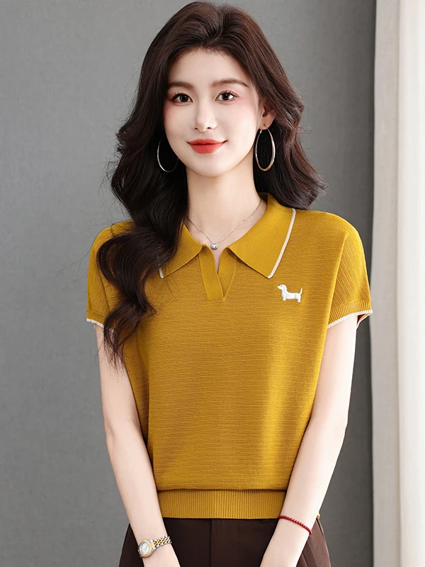 Camisa de Malha Feminina TUCANO Nova Coleção Verão Manga Curta Fina Bordada Amarela Estilo Casual Seda Gelada Macia Caimento ...