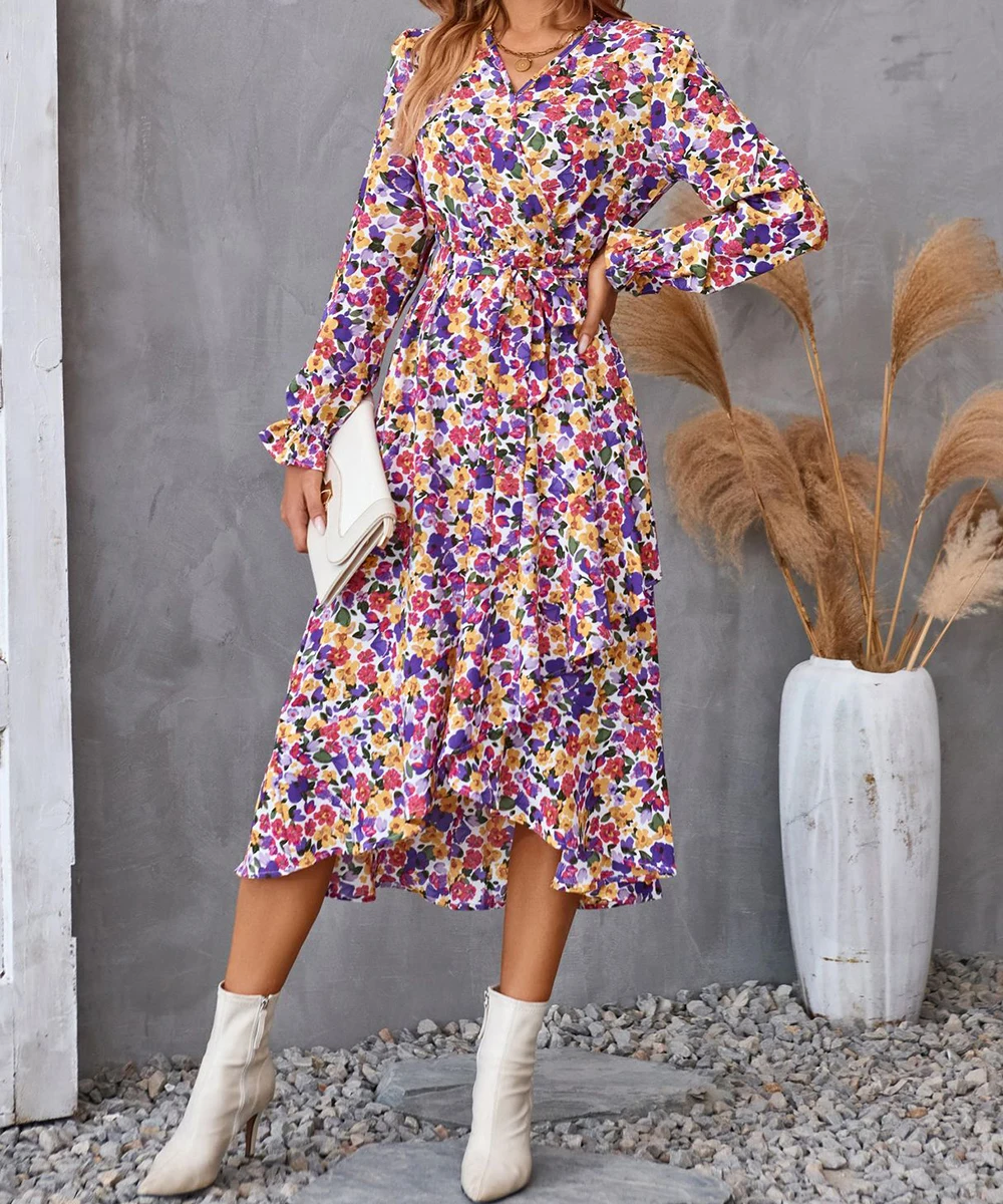 2023 Autumn Spring Printed Dress Elegant Women Sexy V-neck Long Sleeved Dress For Women's Split  Pringting Dresses Women Dresses