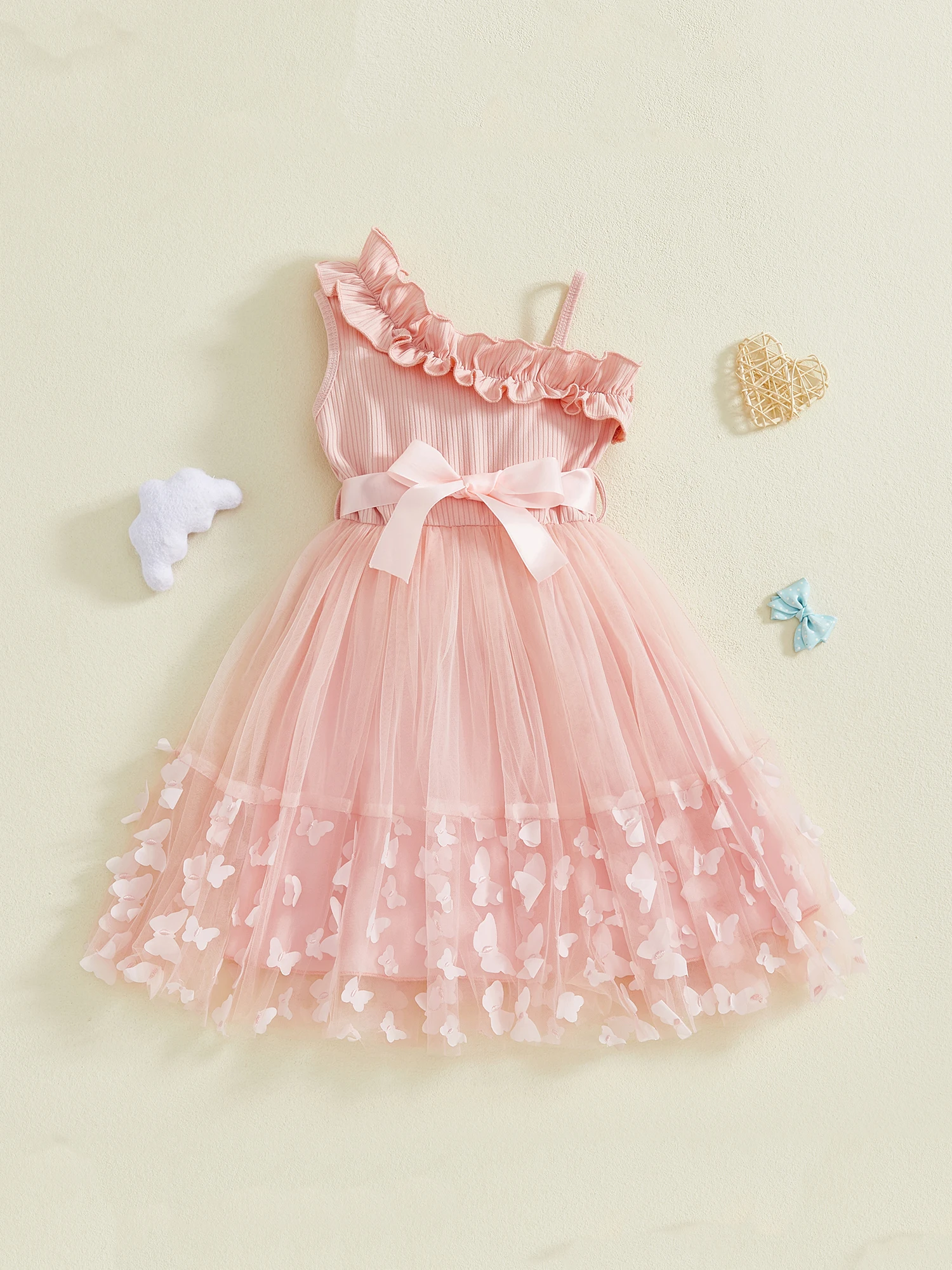 

Elegant Floral Lace Dress for Girls Summer Sleeveless Ruffle Princess Dress with Bow Belt and Butterfly Appliques
