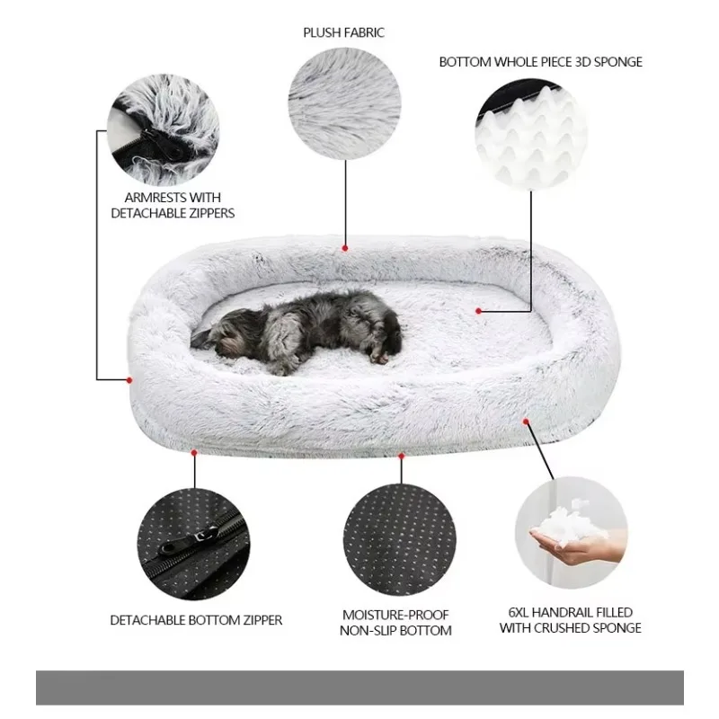 High Quality Washable Ultra Large Luxury Dog Bed Sleep Tight 3D Soft Foam Velvet Plush Orthopedic Oval Bed Human-Sized All