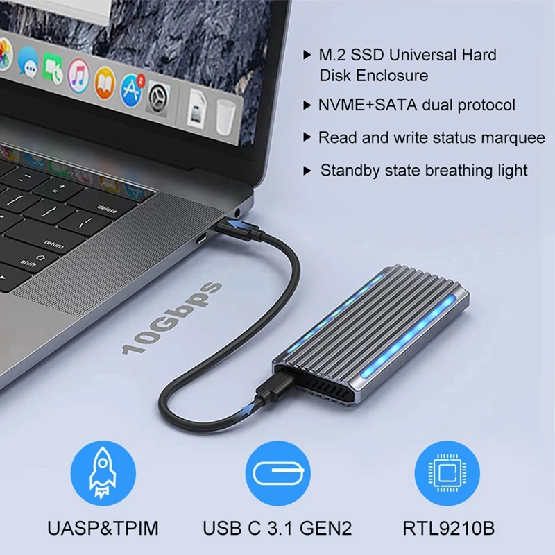 M.2 Nvme NGFF SSD Enclosure USB 3.1 Type-C 10Gbps SATA HDD Box 2230/2242/2260RGB LED Dual Protocol M2 SSD Enclosure Box, Durable