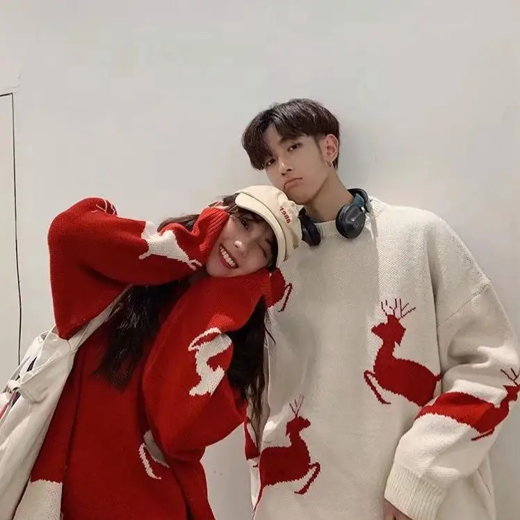 

Свободный мужской длинный светящийся круглый вязаный свитер с узором оленя, тема Cisas, повседневная одежда, топы из полиэфирного волокна для пар