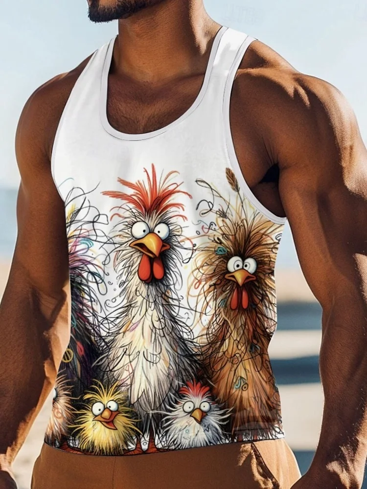 

2025 3D Cartoon Chicken Printed Men's Vacation Tank Top Summer Casual Men's Sleeveless T-shirt Outdoor Beach Sports Men's Top