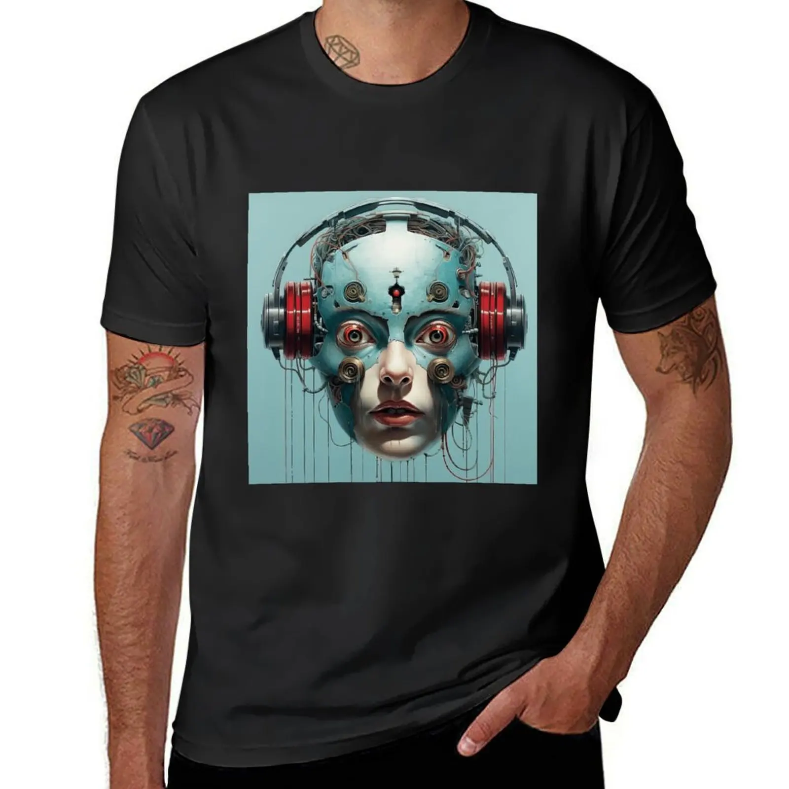 A robot face adorned with a headset. T-Shirt plain sublime aesthetic clothes summer tops plain white t shirts men