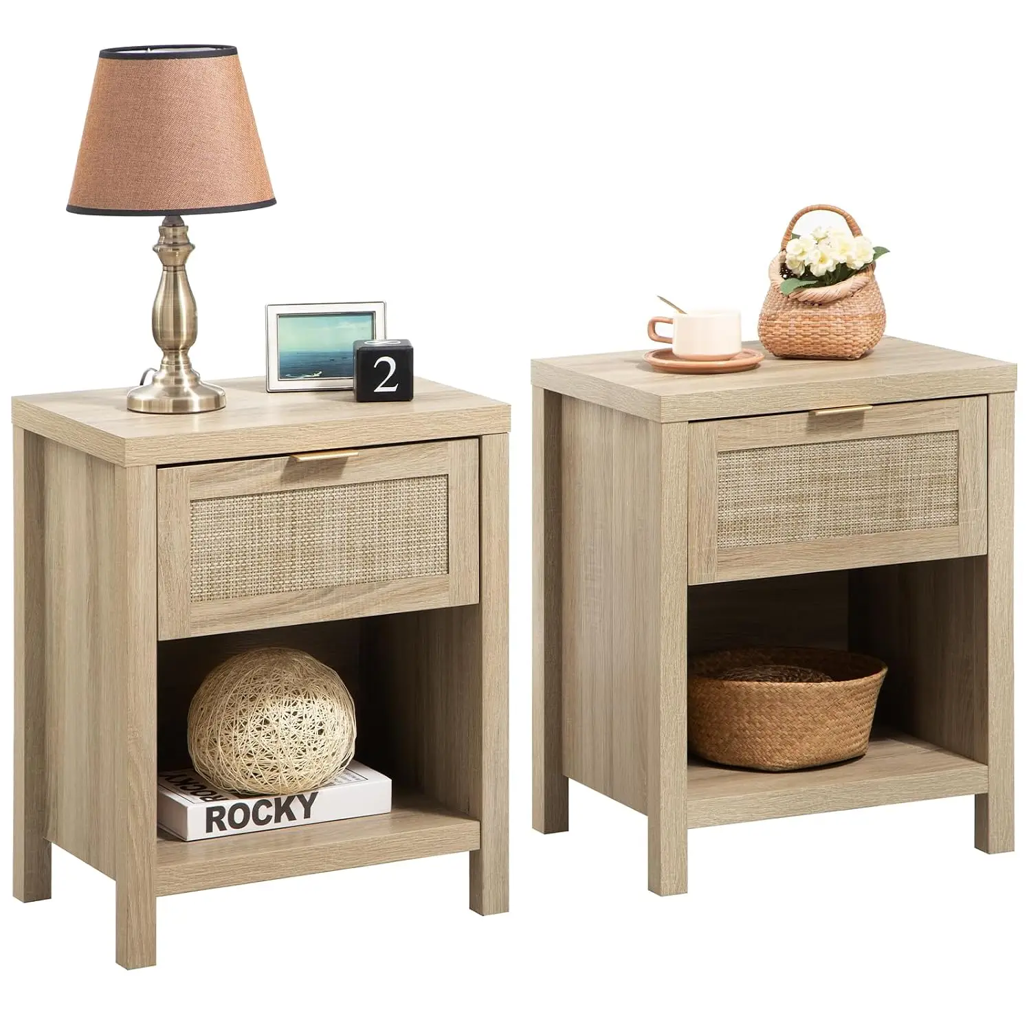 Rattan Nightstand Set of 2 with Drawer & Storage Shelf, Farmhouse Bedside Table for Bedroom, Light Oak, Customized