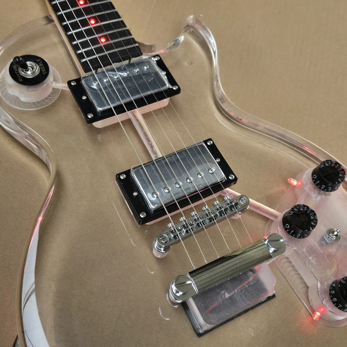 Acrylic electric guitar with RED lights, ROSEWOOD fretboard, high quality and customizable free shipping