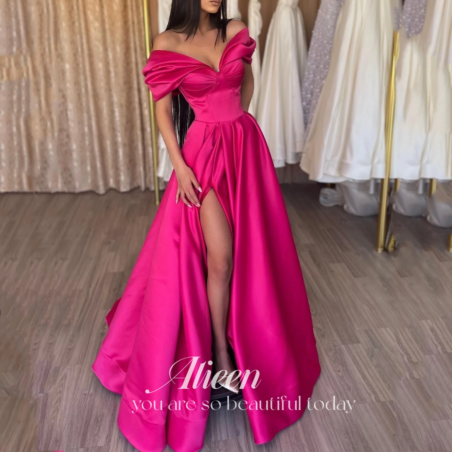 

Aileen Slit Luxury Evening Dress 2023 Elegant Dresses for Women Evening Dress Grace Satin Rose Red Line A Graduation Gown Party