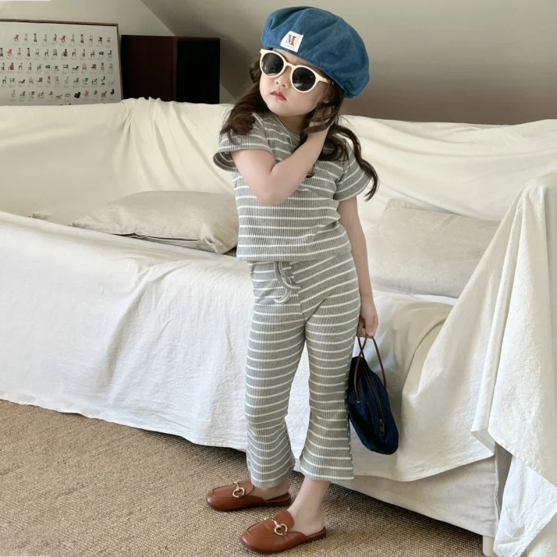 2pcs Baby Clothing Set Summer Stripe Toddler T-shirt Tops Long Flare Pants Set Cotton Kid Short Sleeve Casual Child Clothes 3-9Y