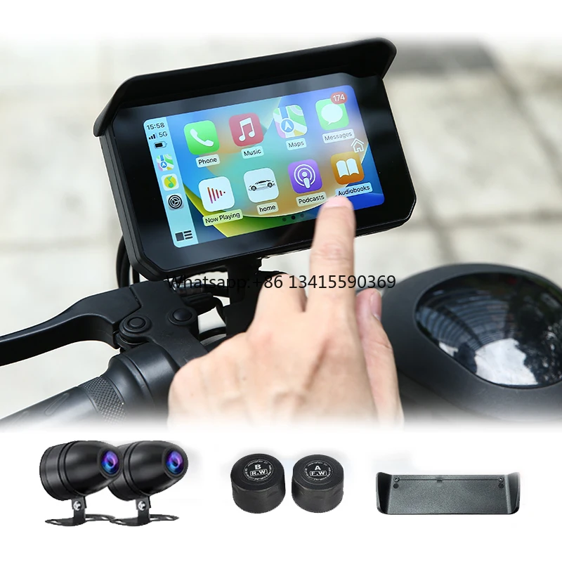

Портативный 5-дюймовый беспроводной мотоцикл Carplay Экран Сенсорный экран Mirror Link IPX7 Водонепроницаемый двухкамерный видеорегистратор T65 для