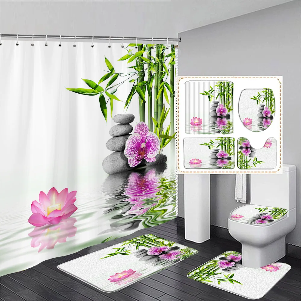 Zen Shower Curtain Set Green Bamboo Purple Flower Black Massage Stone Swan Nature Landscape Bathroom Decor Bath Mat Toilet Cover