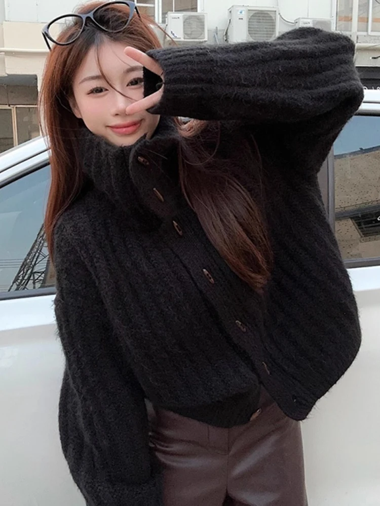 

2025 Elegant Loose Turtleneck Women's Sweater Korean Cardigan Sweet Thicken Knitted Jackets Winter Casual Solid Knitwear Top
