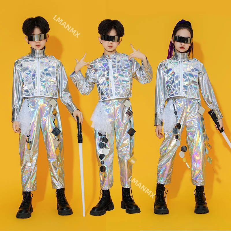 بدلة ليزر فضائية للأطفال، مجموعة رقص روبوتية، أزياء أداء عصرية للرجال والنساء باللون الفضي #1