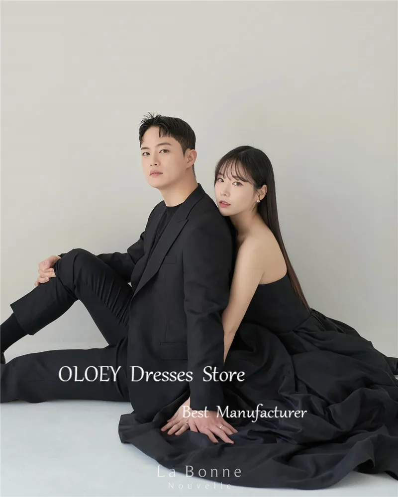 OLOEY Simple Black taffetà A Line abiti da sera corea Wedding photoboot Bolero Formal Party Dress Plus Size