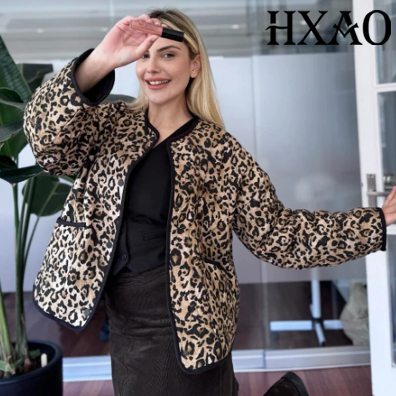 

HXAO леопардовое зимнее пальто женская винтажная стеганая куртка с длинными рукавами парки кардиган стеганая куртка короткие пальто женская верхняя одежда