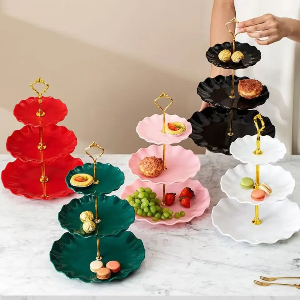 New 2025 Dessert Table Decoration Arrangement Plastic Shelf Three-Layer Fruit Plate Dry Fruit Plate Candy Plate Light Style Tray